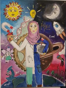 A drawing of a woman in a hijab wearing half scrubs and half an astronauts uniform. There are scientific symbols and pictures all around her