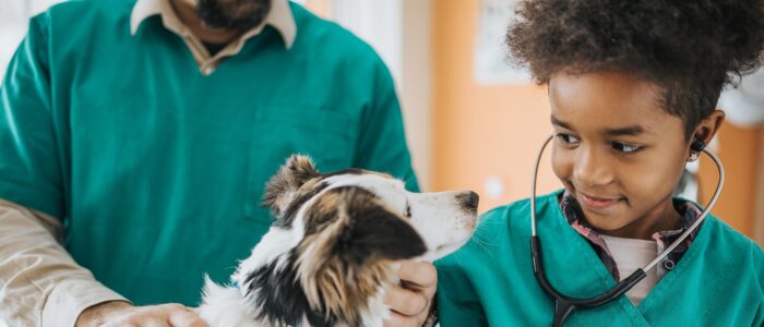 girl listening to dog's heartbeat with stethoscope