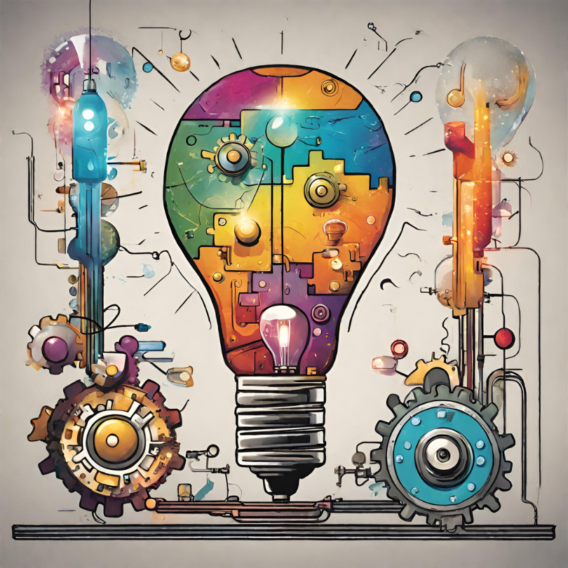 Colourful representation of a lightbulb, gears, and technology